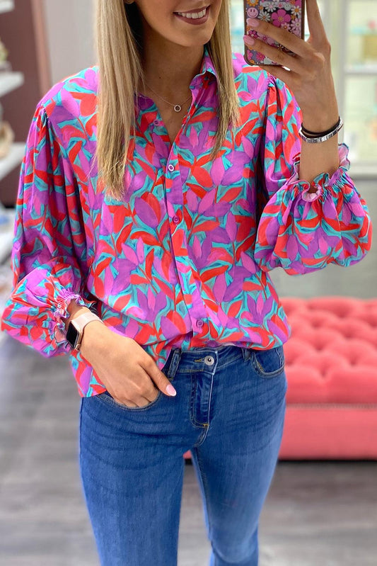 Multicolor Abstract Floral Button Up Long Puff Sleeve Shirt - L & M Kee, LLC