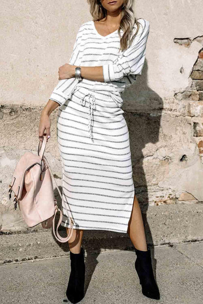 White Striped V Neck Top and Side Slits Skirt Set - L & M Kee, LLC