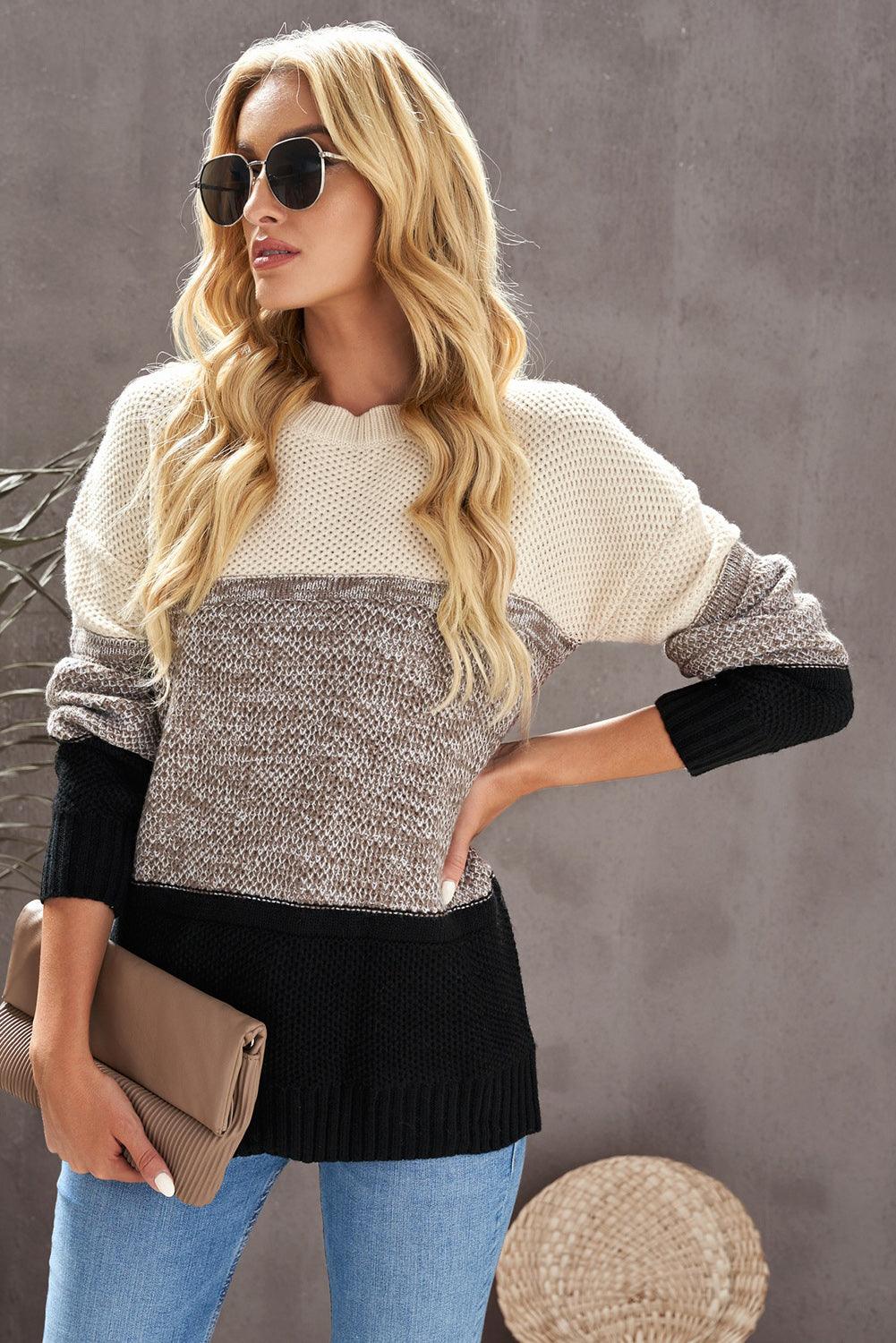 Gray Color Block Netted Texture Pullover Sweater - L & M Kee, LLC
