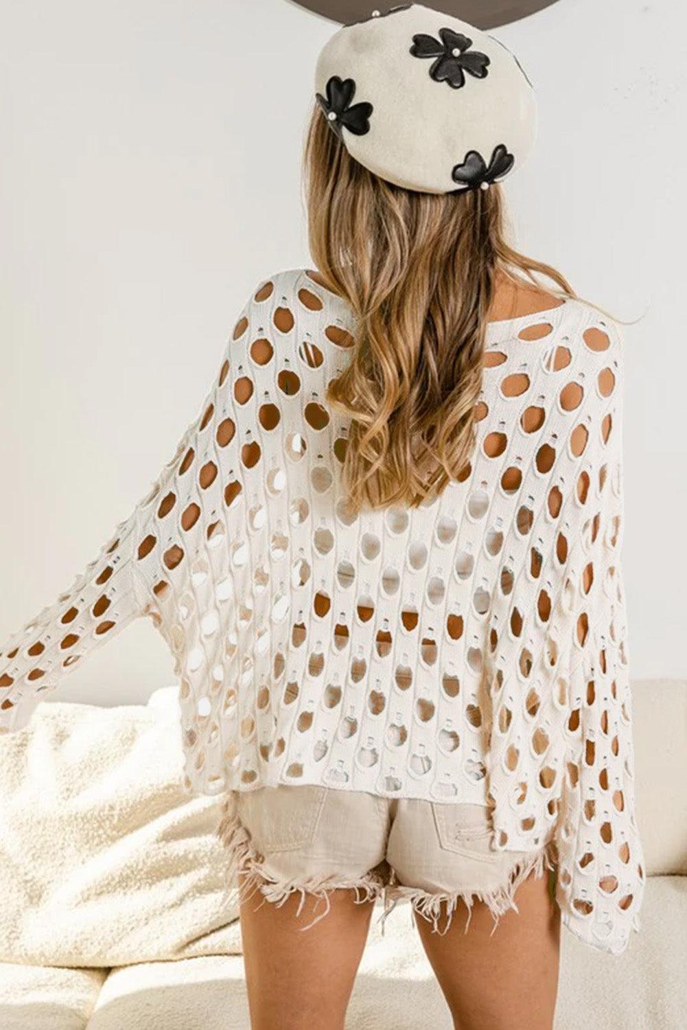 Beige Hollow-out Eyelet Knit Sweater - L & M Kee, LLC