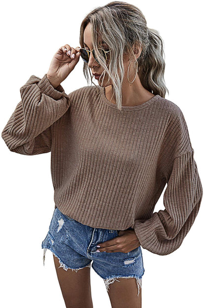 Khaki Drop Shoulder Bubble Sleeve Ribbed Knit Top - L & M Kee, LLC