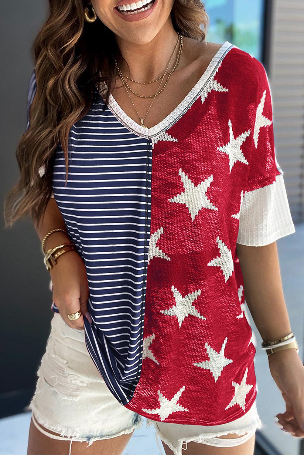 Multicolor Stripes Stars Print Knit Short Sleeves Top - L & M Kee, LLC