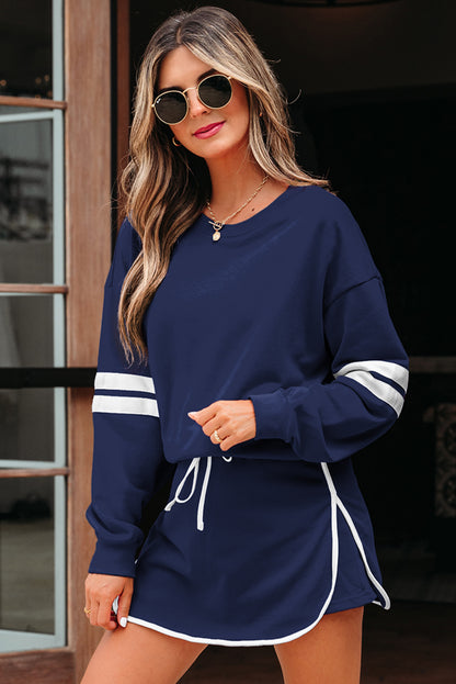 Navy Blue Varsity Stripe Detail Drop Shoulder Pullover Mini Skirt Set