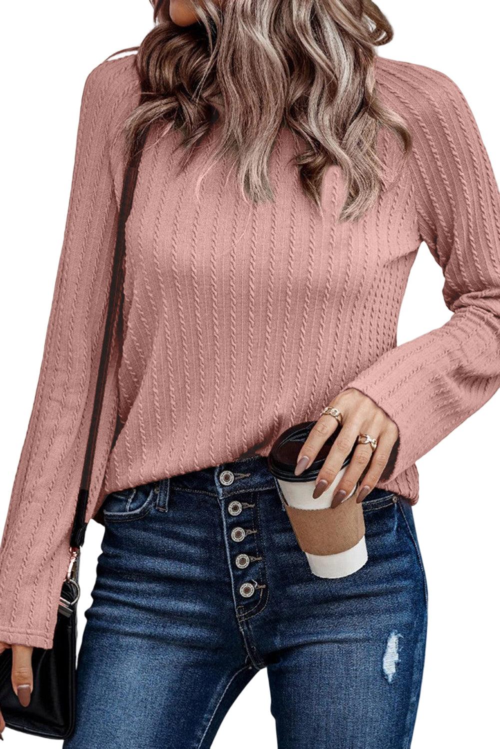 Pink Ribbed Round Neck Knit Long Sleeve Top - L & M Kee, LLC