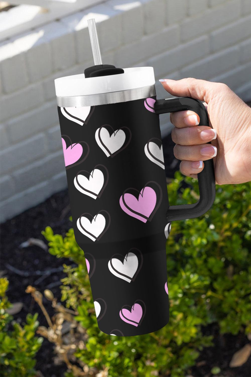 Black Valentines Heart Printed Thermos Cup with Handle - L & M Kee, LLC