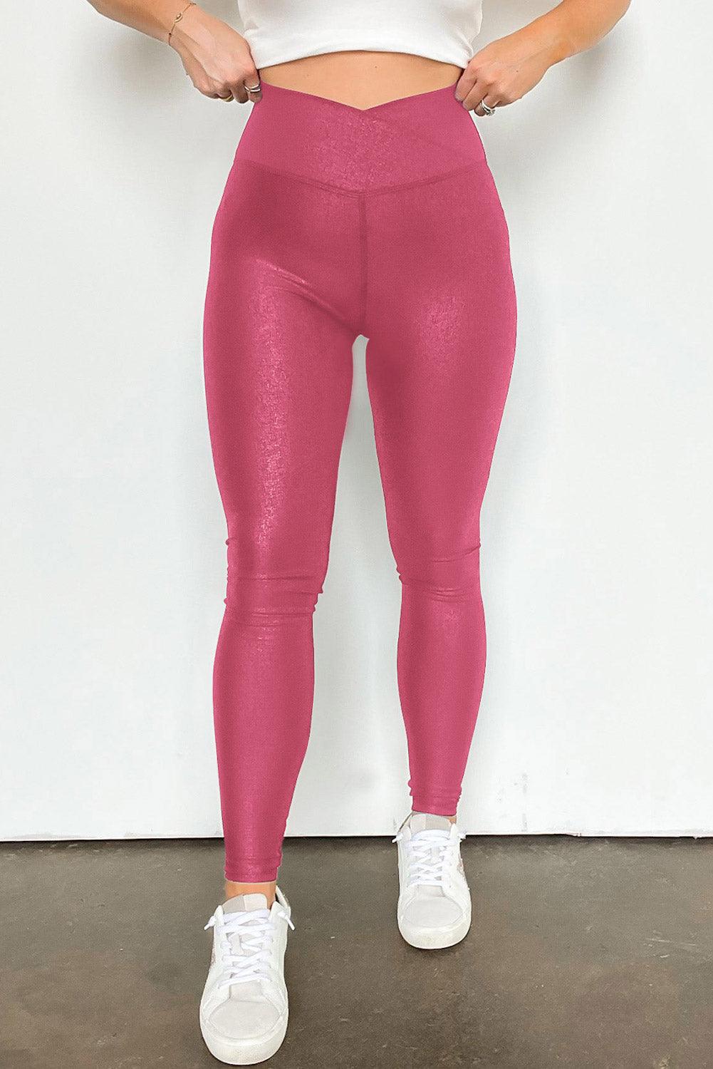 Rose Red Crossed Dip Waist Sleek Leather Leggings - L & M Kee, LLC