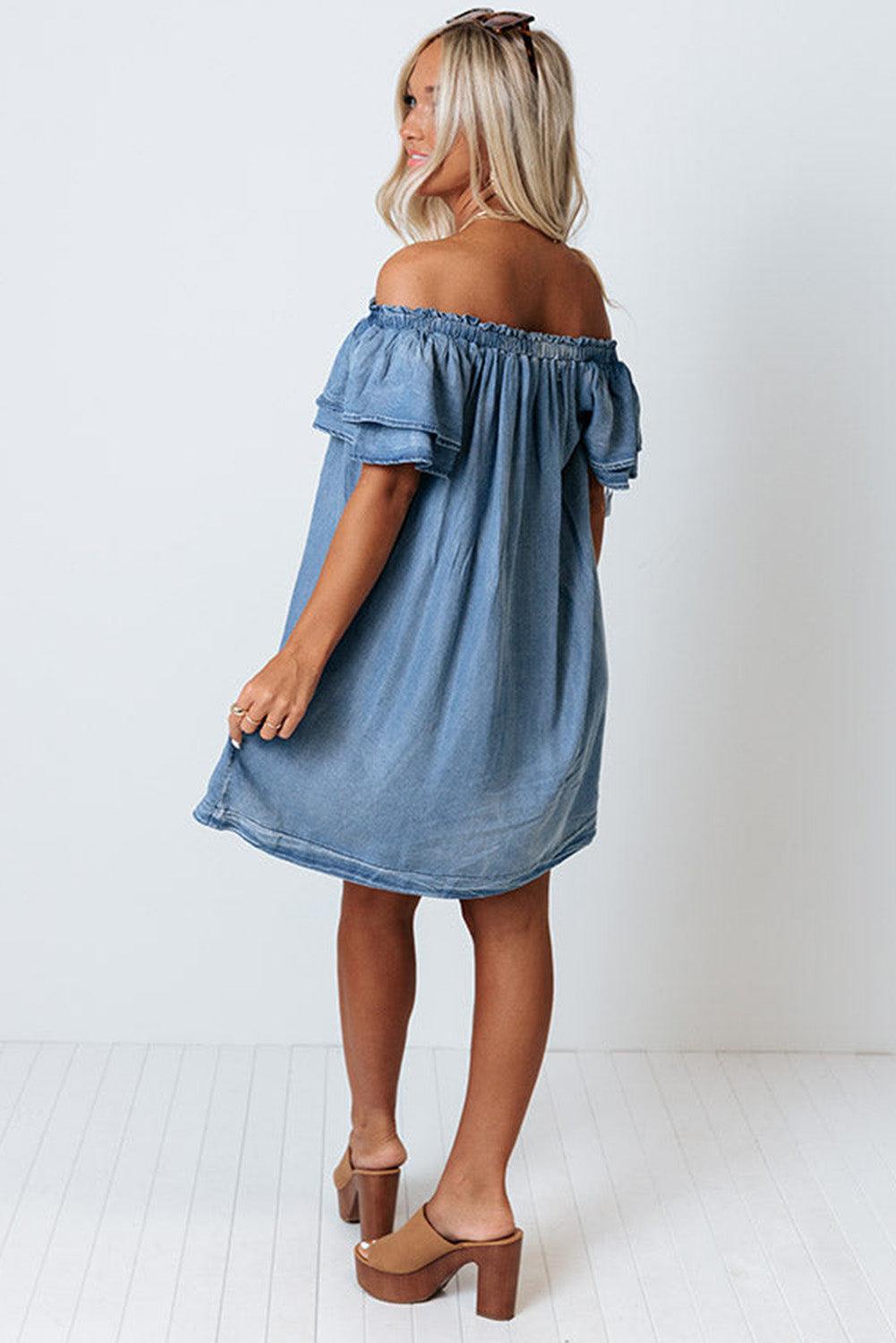 Off-shoulder Ruffle Sleeves Chambray Dress - L & M Kee, LLC