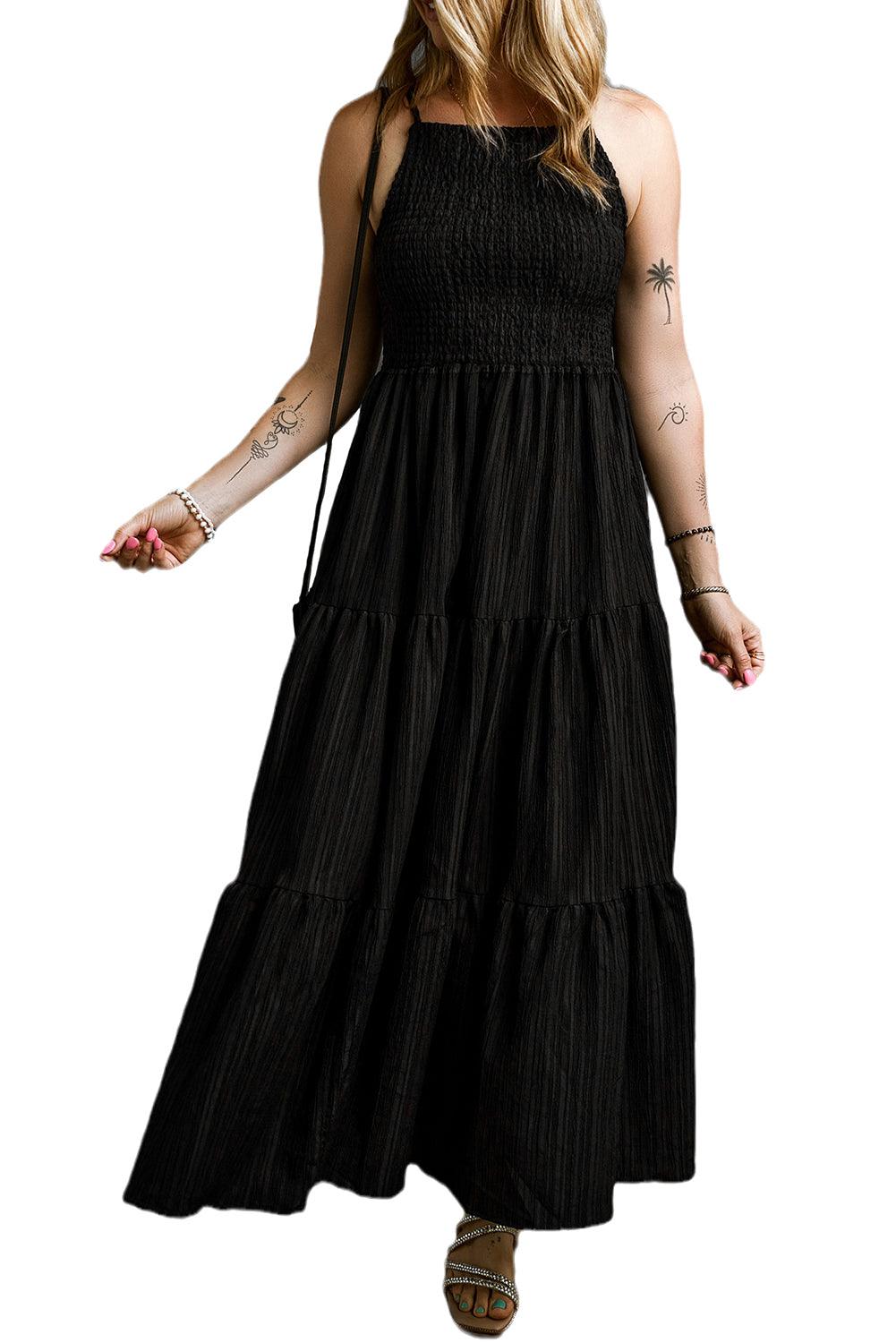 Black Spaghetti Straps Smocked Pleated Tiered Maxi Dress - L & M Kee, LLC