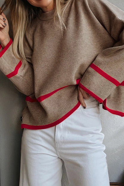 Simply Taupe Ribbed Knit Contrasted Stripe Detail Button Side Loose Sweater