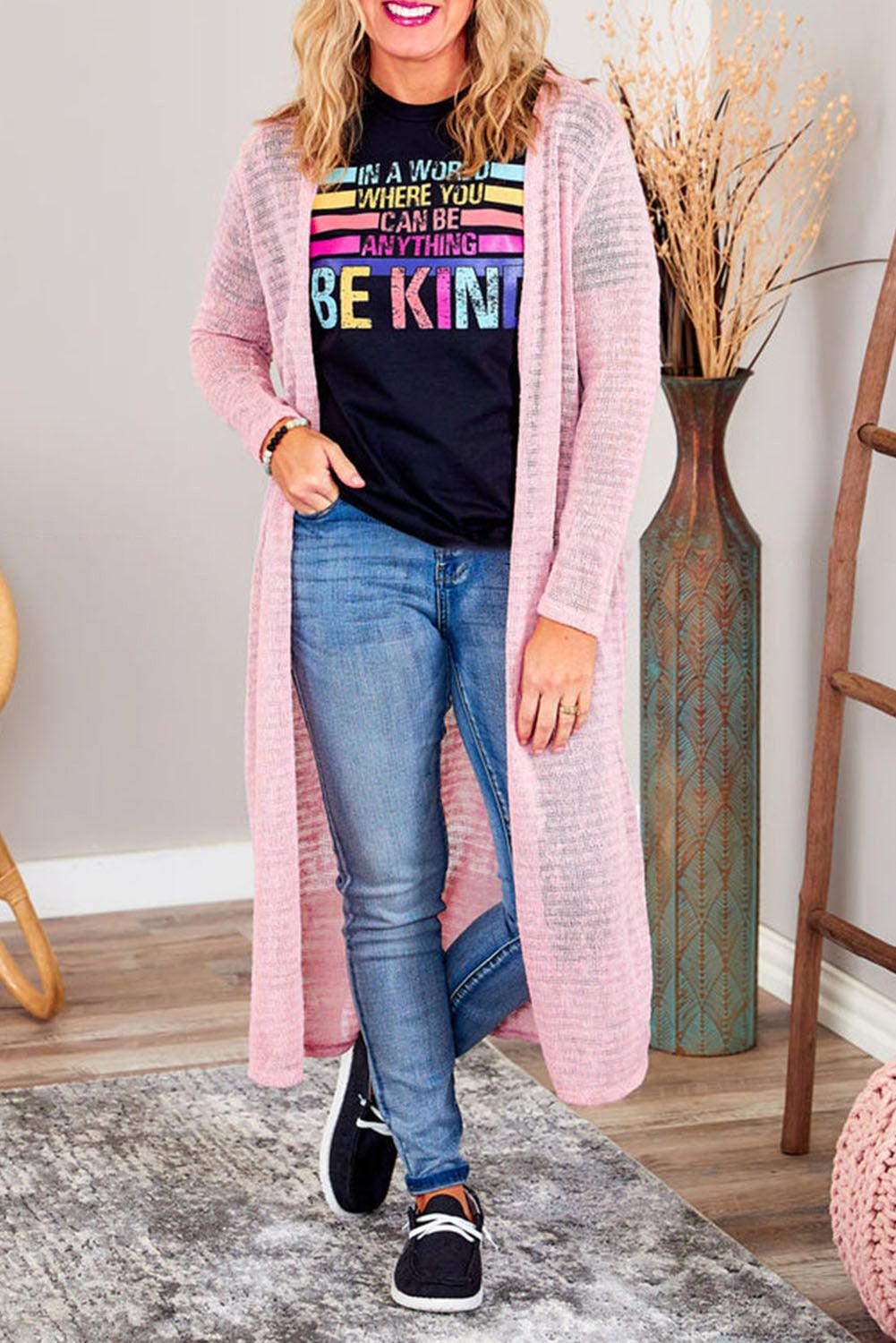 Pink Sheer Knitted Long Side Slit Plus Size Cardigan - L & M Kee, LLC