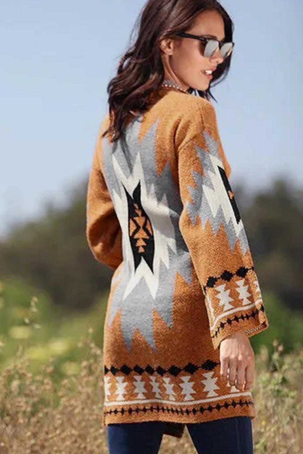 Gold Flame Aztec Graphic Open-Front Cardigan - L & M Kee, LLC