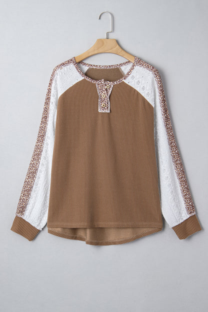 Dark Khaki Twisted Ribbed Leopard Lace Contrast Patchwork Long Sleeve Top