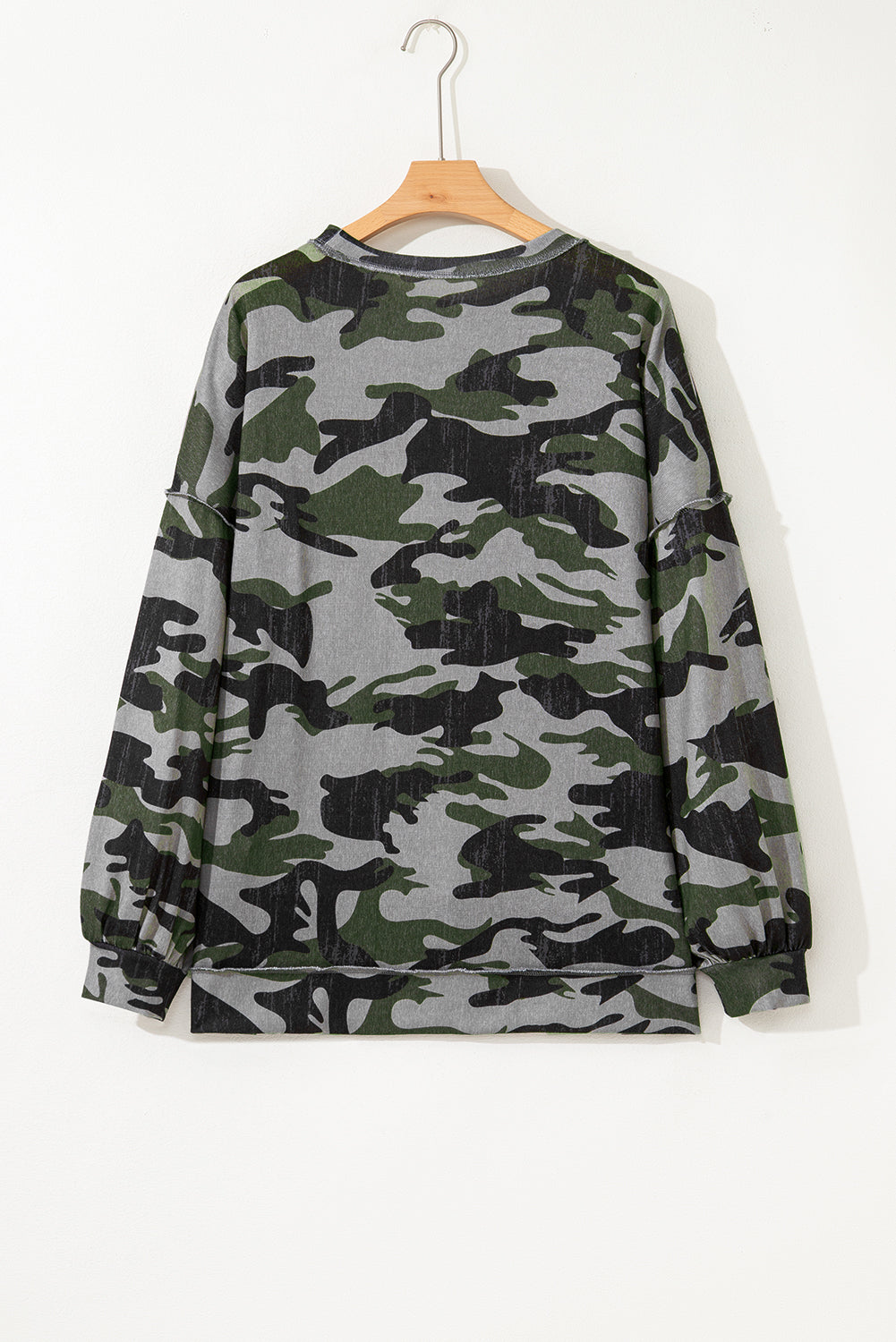 Brown Retro Camouflage Print Exposed Seam Patchwork Drop Shoulder Sweatshirt