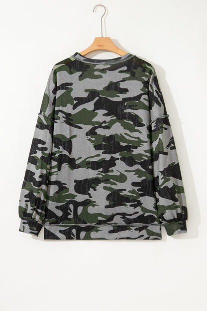 Brown Retro Camouflage Print Exposed Seam Patchwork Drop Shoulder Sweatshirt