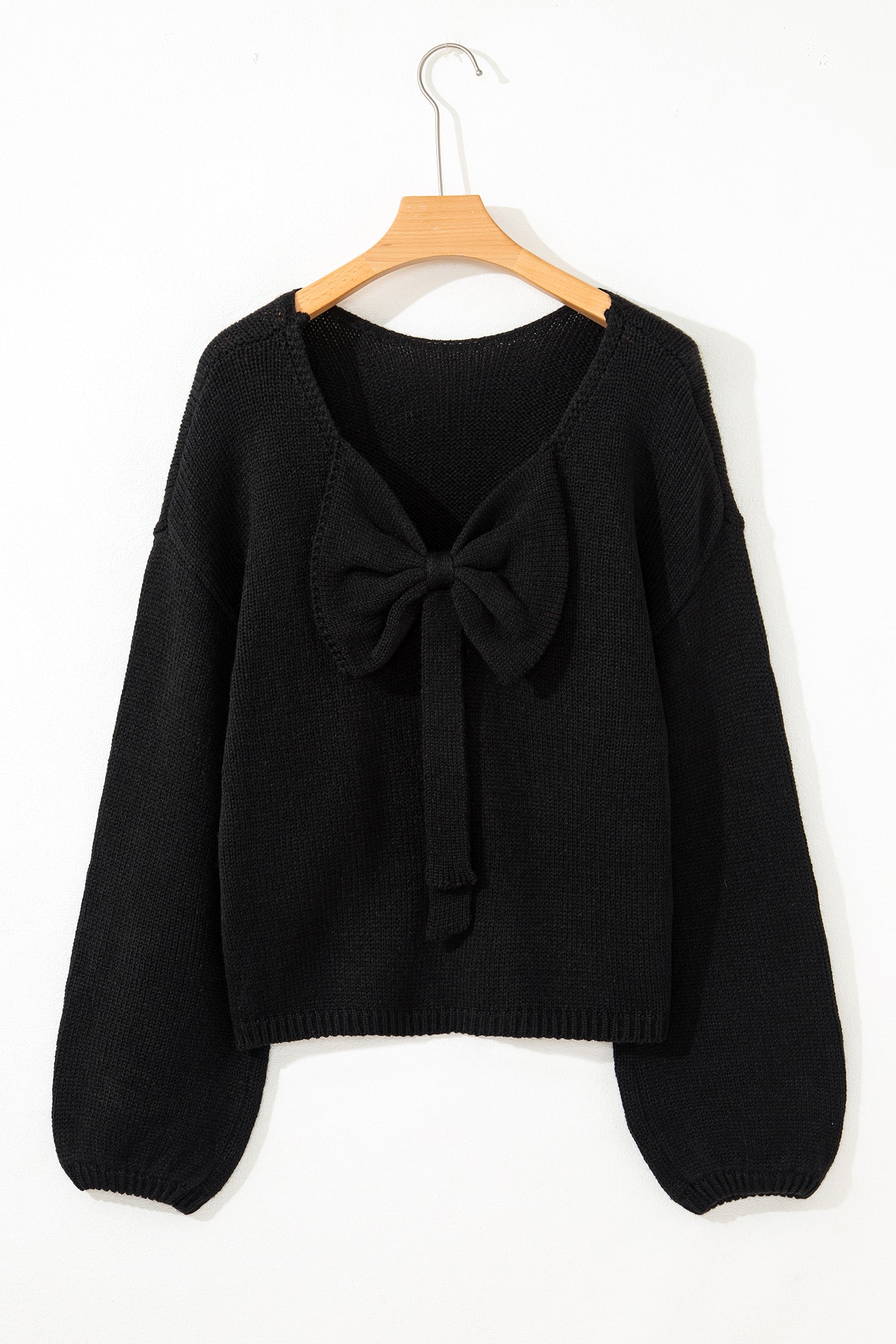 Black Festive Bow Backless Bubble Sleeve Sweater