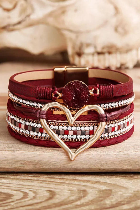 Fiery Red Valentine Rhinestone Heart Layered Bracelet - L & M Kee, LLC