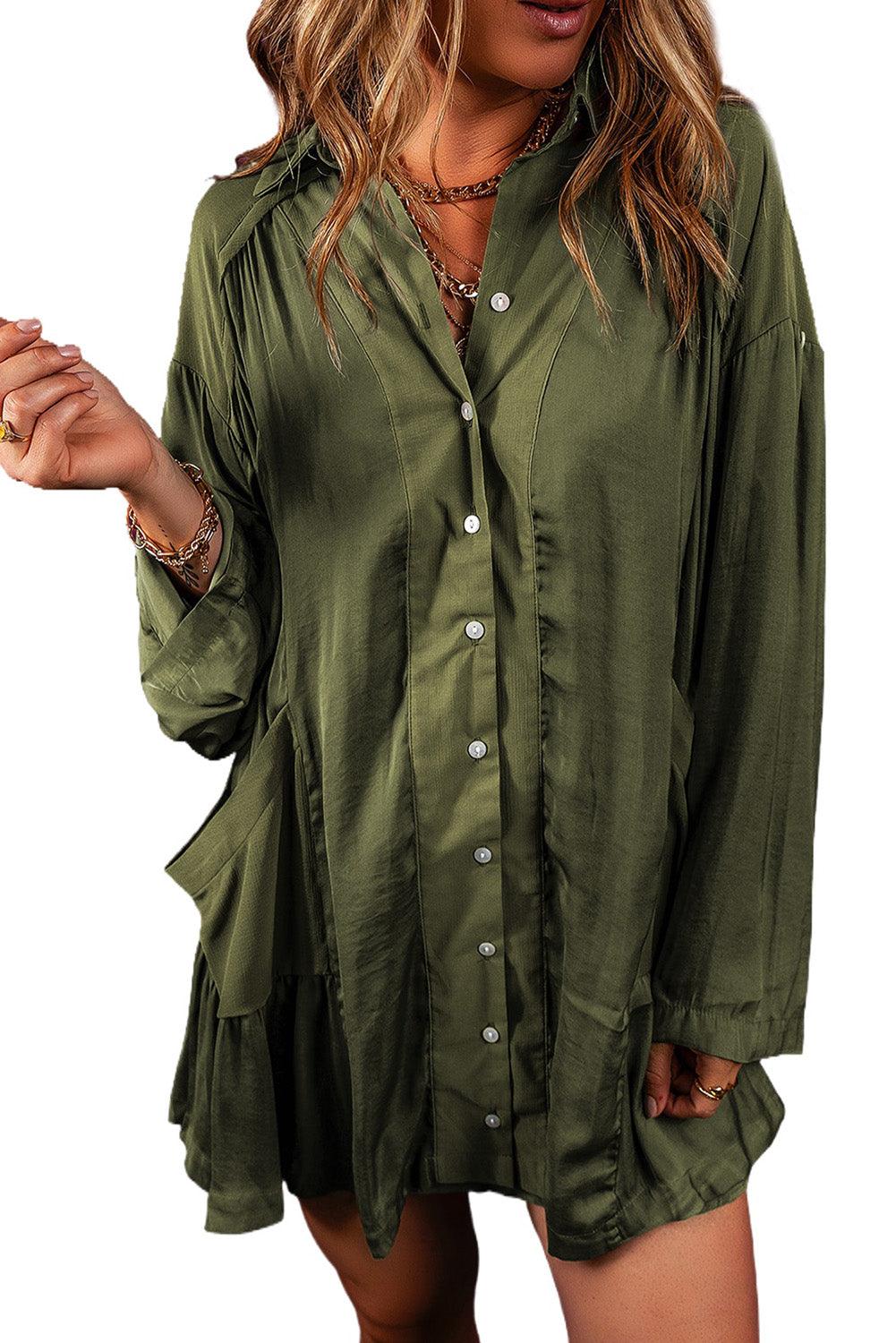 Pickle Green Loose Pocketed Ruffled Hem Draped Shirt Dress - L & M Kee, LLC