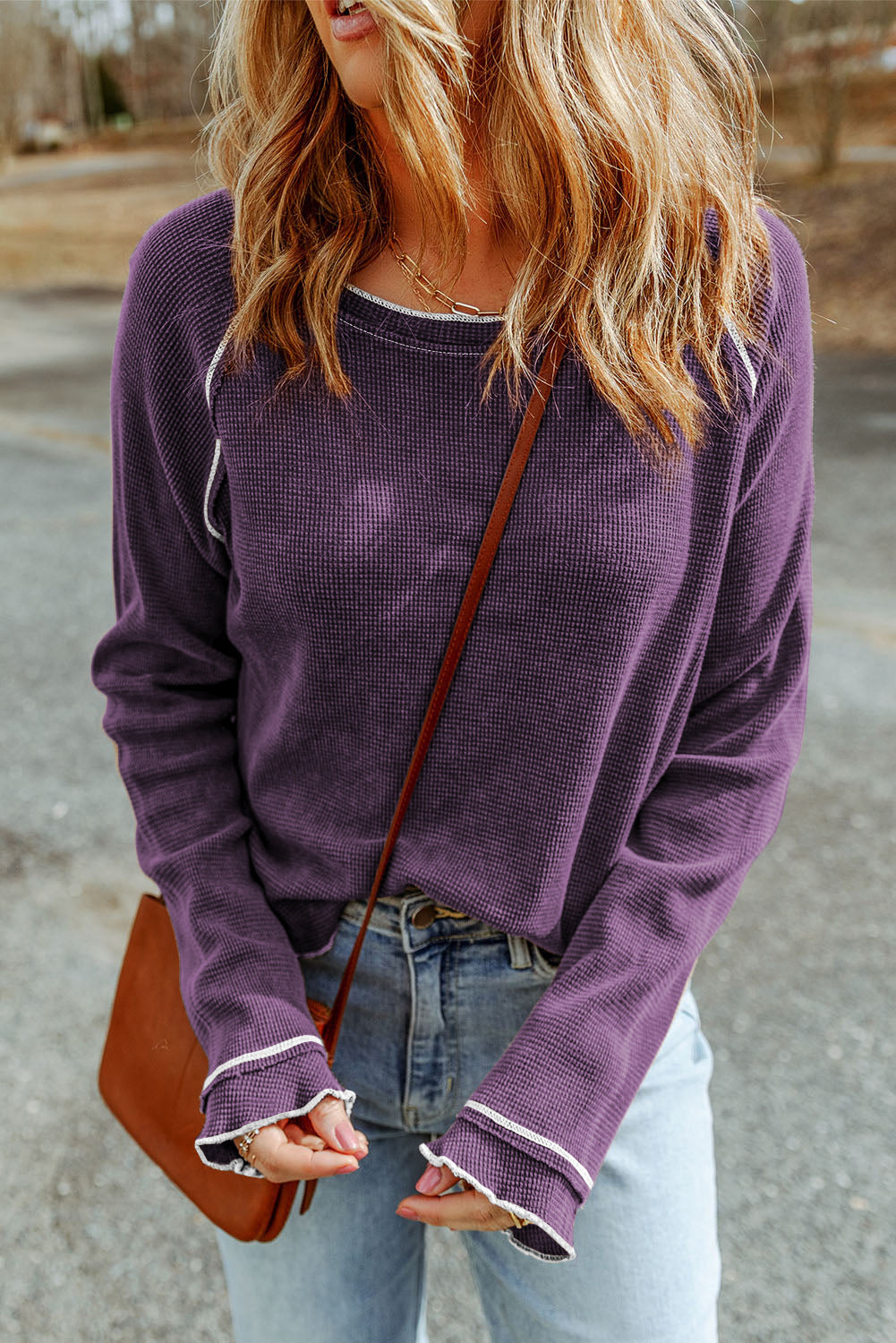 Smoke Gray Textured Round Neck Long Sleeve Top