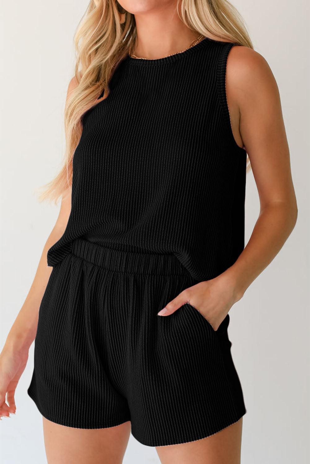 Black Corded Sleeveless Top and Pocketed Shorts Set - L & M Kee, LLC