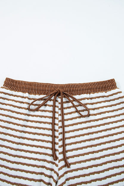 Khaki Stripe Plus Size Collared V Neck Loose Pullover Drawstring Elastic Waist Wide Leg Pant Set