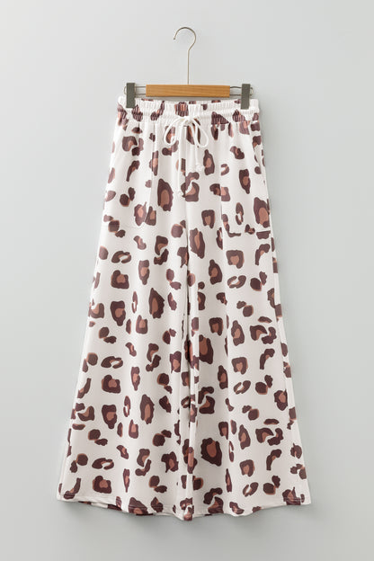 Beige Drawstring Leopard Print Patch Pocket Loose Pants