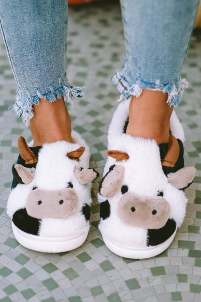 White Cartoon Animal Cow Plush Slippers - L & M Kee, LLC