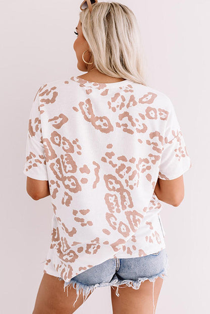 White Plus Size Leopard Print V Neck Short Sleeve Top - L & M Kee, LLC