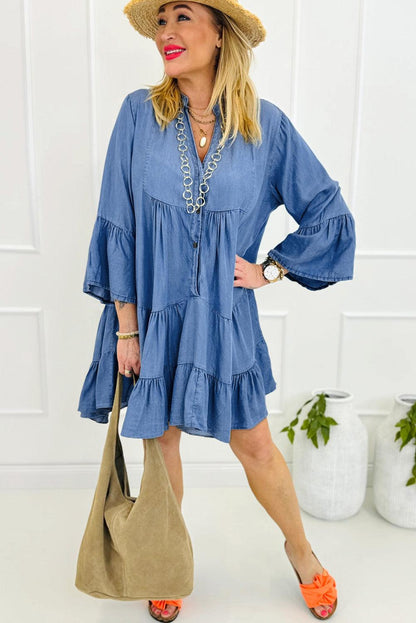 Sky Blue Chambray Ruffled 3/4 Sleeve Tiered Split V Neck Mini Dress - L & M Kee, LLC