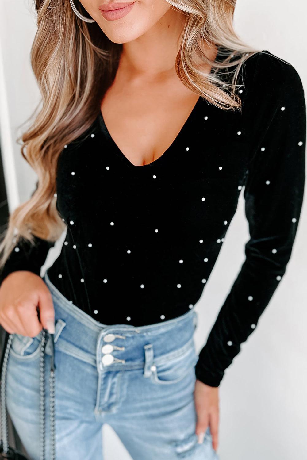 Black Velvet Beaded Long Sleeve V Neck Bodysuit - L & M Kee, LLC