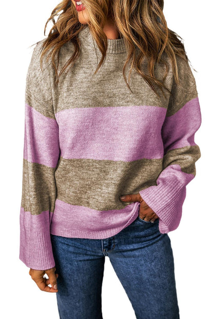 Rose Stripe Crew Neck Wide Sleeve Colorblock Sweater - L & M Kee, LLC