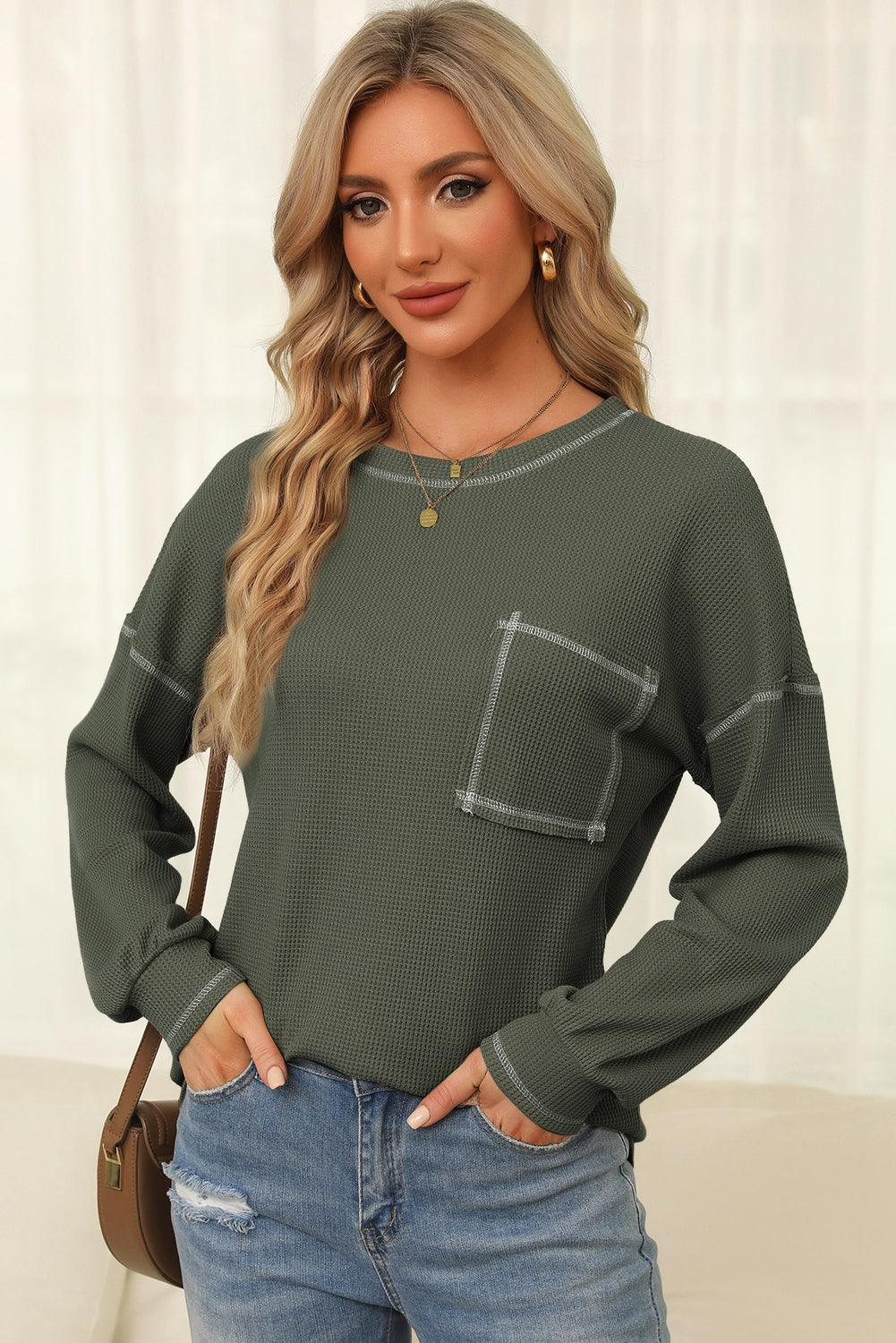 Mist Green Contrast Exposed Stitching Waffle Knit Blouse - L & M Kee, LLC