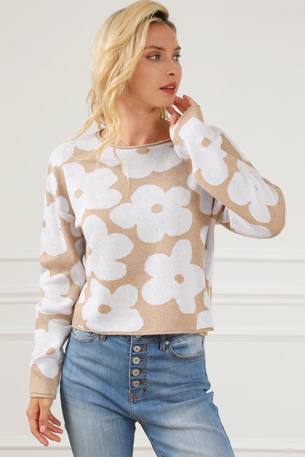 Light French Beige Flower Pattern Cropped Sweater - L & M Kee, LLC