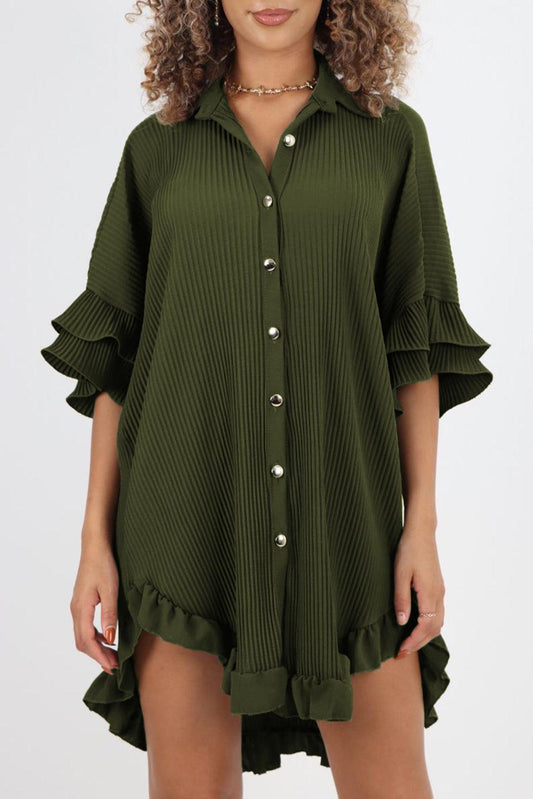 Moss Green High-low Hem Ruffle Sleeve Pleated Shirt Dress - L & M Kee, LLC