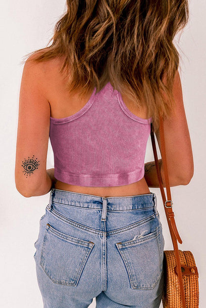 Pink Ribbed Mineral Wash Racerback Cropped Tank Top - L & M Kee, LLC