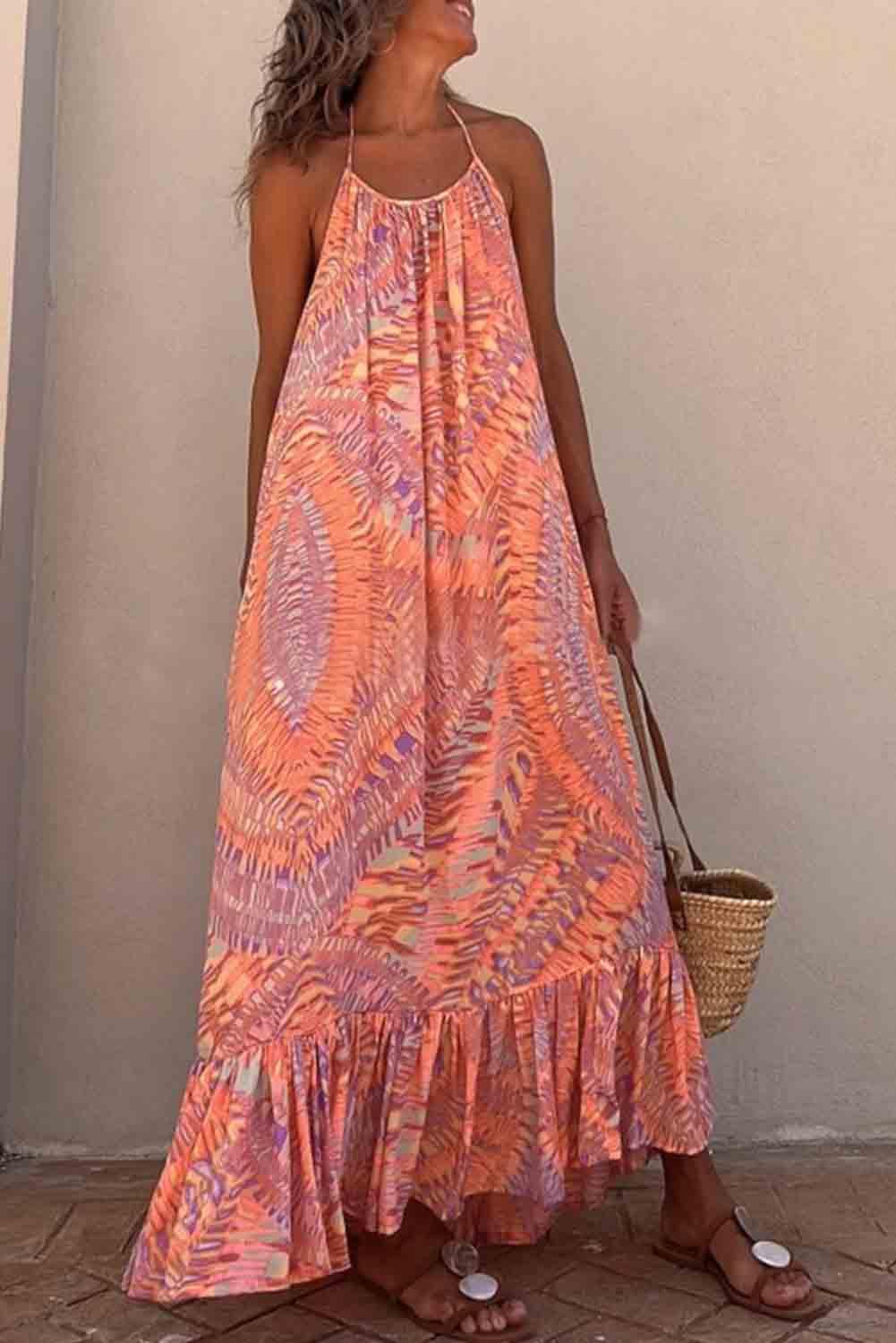 Orange Geometric Print Tassel Tie Halterneck Maxi Dress - L & M Kee, LLC