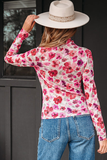 Red Floral Print Long Sleeve Slim Fit Mesh Top