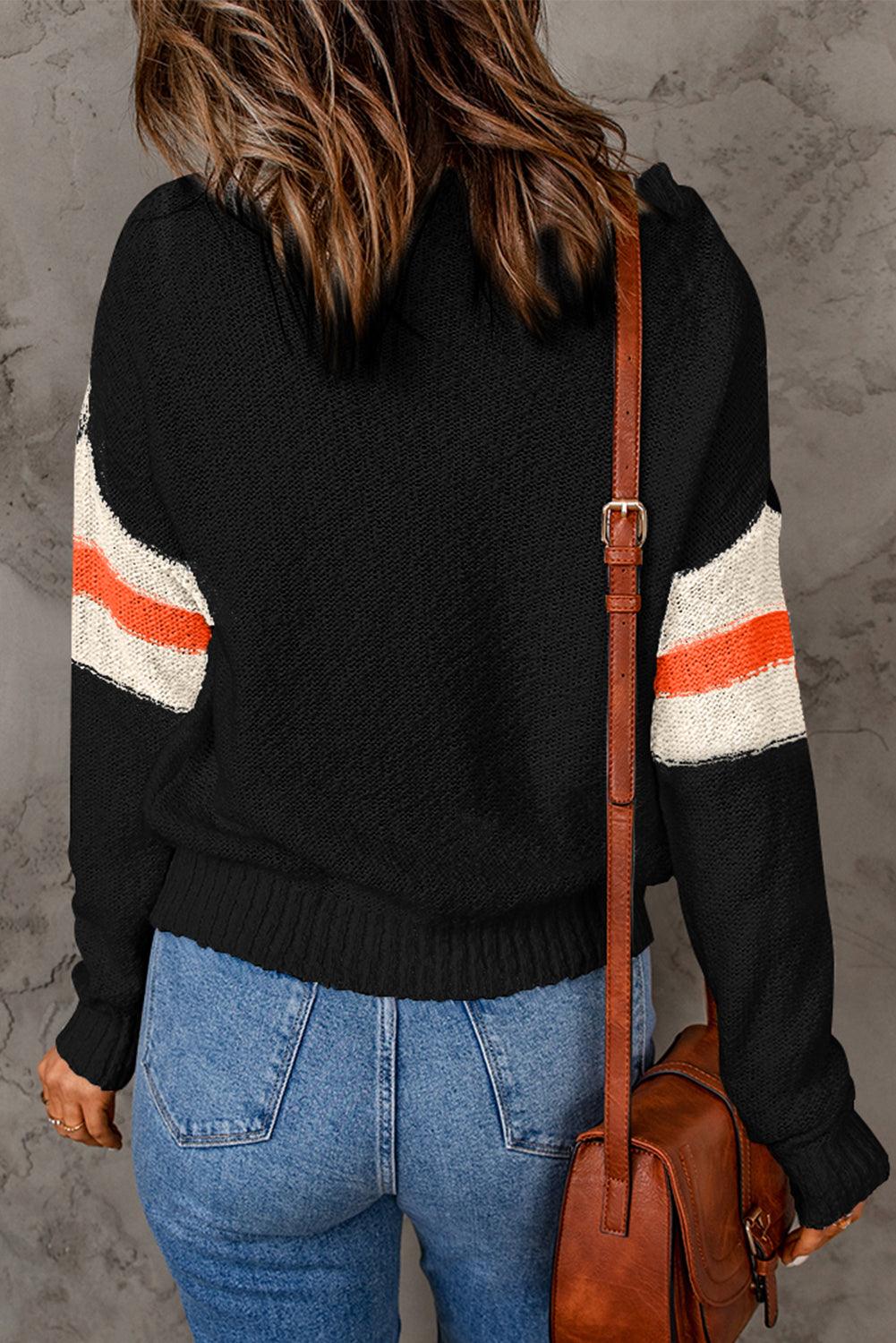 Black Chevron Striped Drop Shoulder Sweater - L & M Kee, LLC