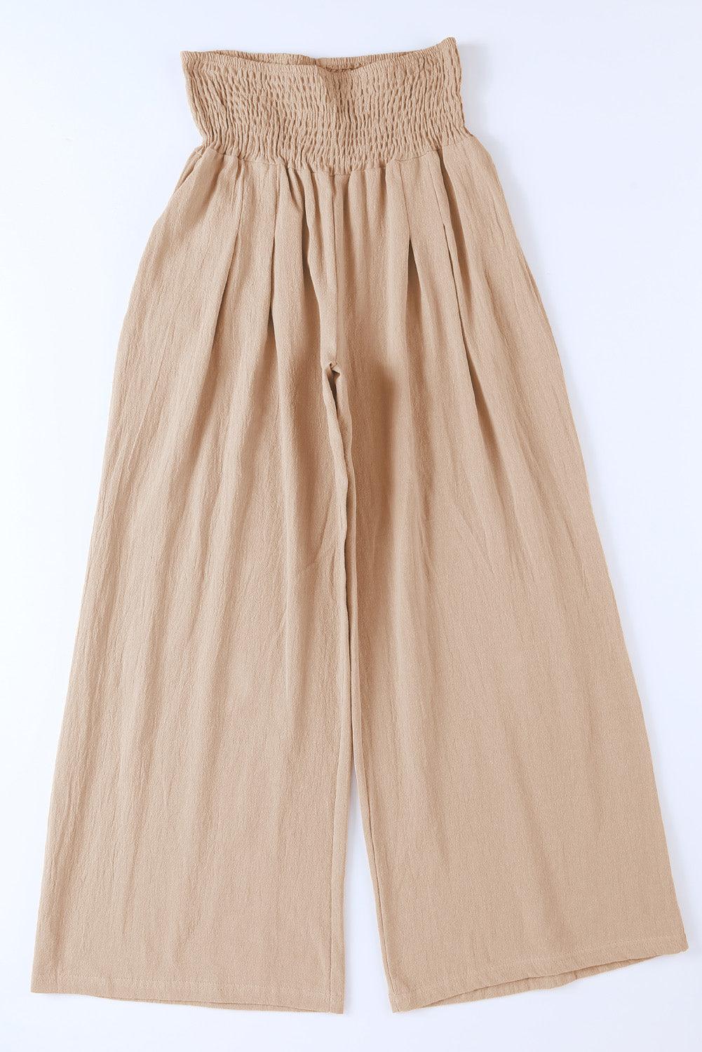 Khaki Smocked Wide Waistband High Waist Wide Leg Pants - L & M Kee, LLC