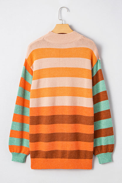 Orange Stripe Color Block High Neck Drop Shoulder Cozy Sweater