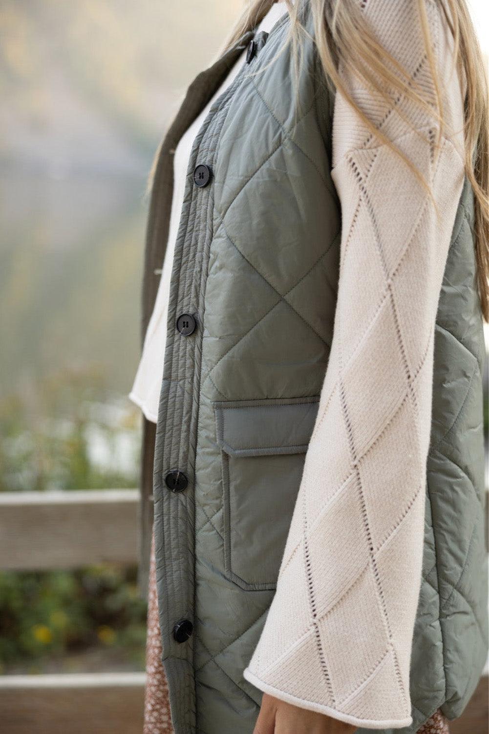 Grass Green Quilted Long Vest Jacket with Pockets - L & M Kee, LLC