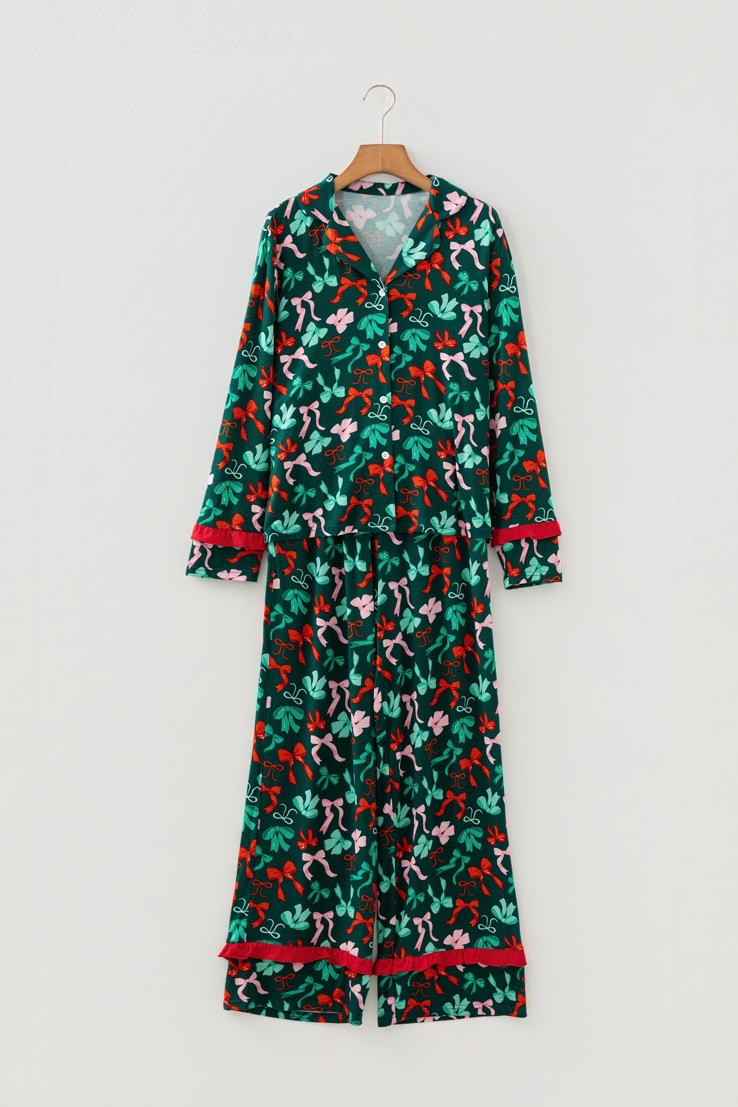 Green Festive Bow Print 2pcs Pajama Pant Set