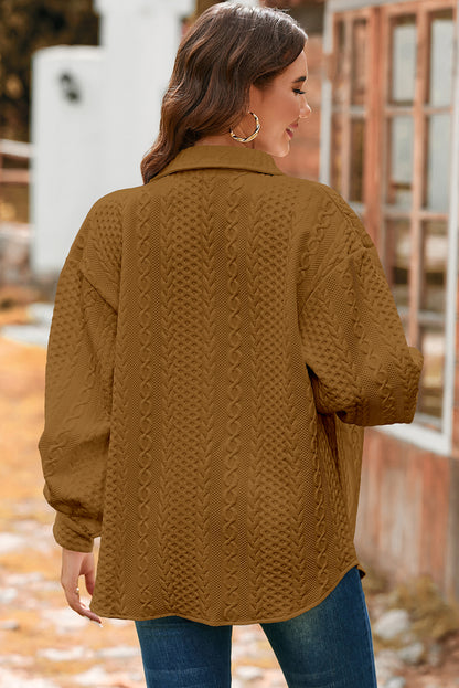 Blackish Green Cable Texture Puff Sleeve Loose Shacket