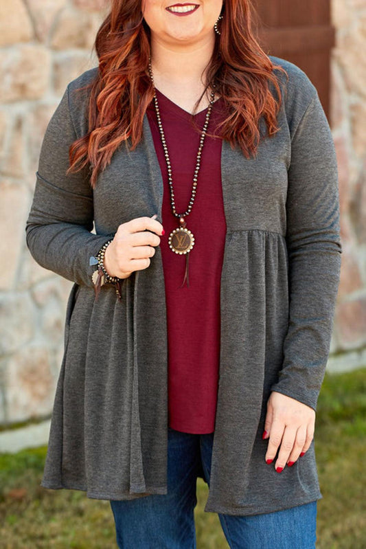 Gray Plus Size Open Front Ruffle Tunic Cardigan - L & M Kee, LLC