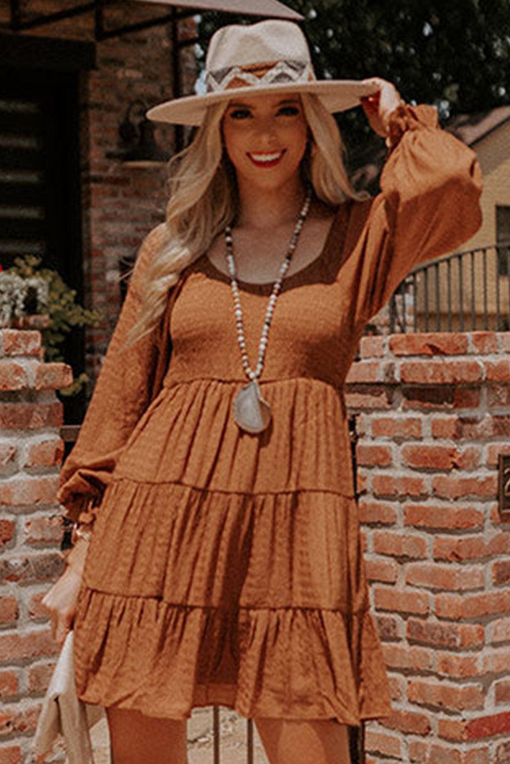 Brown Bishop Sleeve Smocked Tiered Mini Dress - L & M Kee, LLC