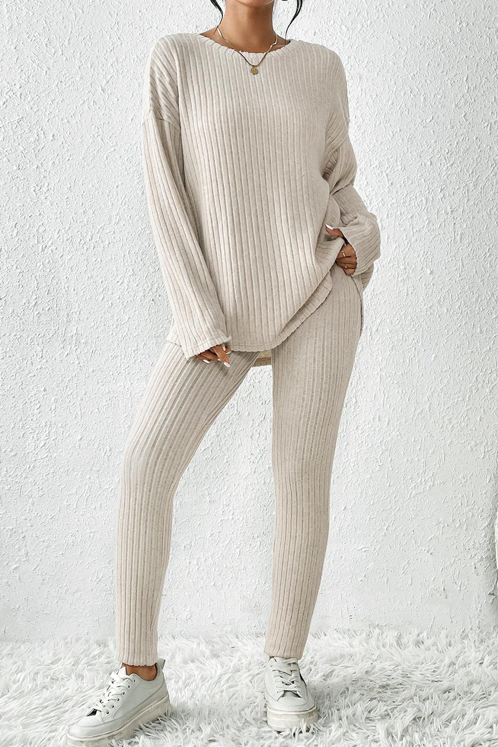 Khaki Ribbed Knit Bell Sleeve Crop Top Drawstring Pants Set - L & M Kee, LLC