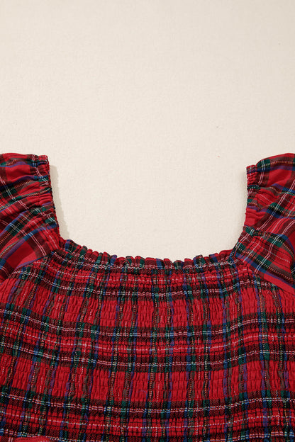 Red Tartan Plaid Square Neck Puff Sleeve Knot Waist Flared Midi Dress
