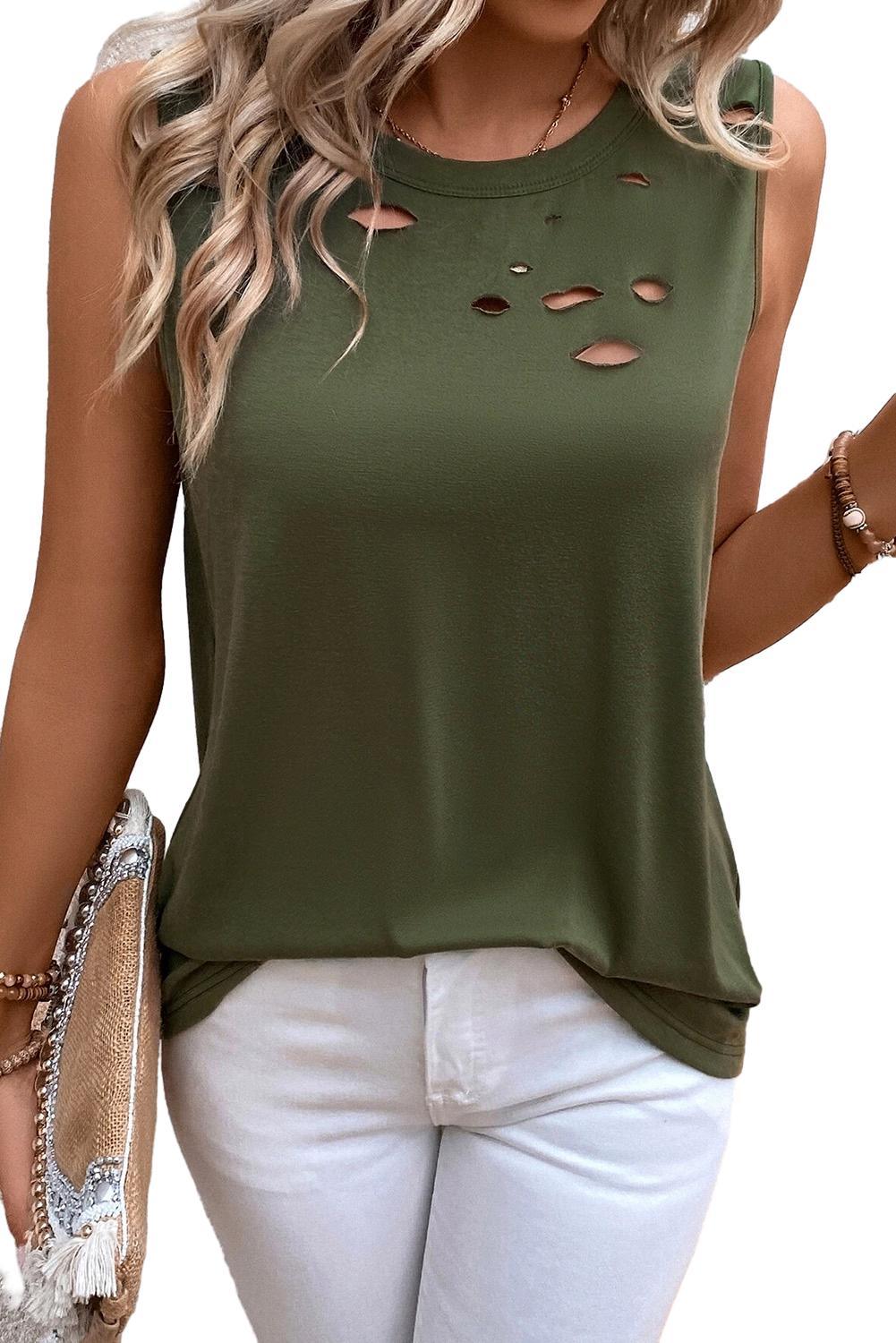 Jungle Green Solid Color Distressed Holes Crew Neck Tank Top - L & M Kee, LLC