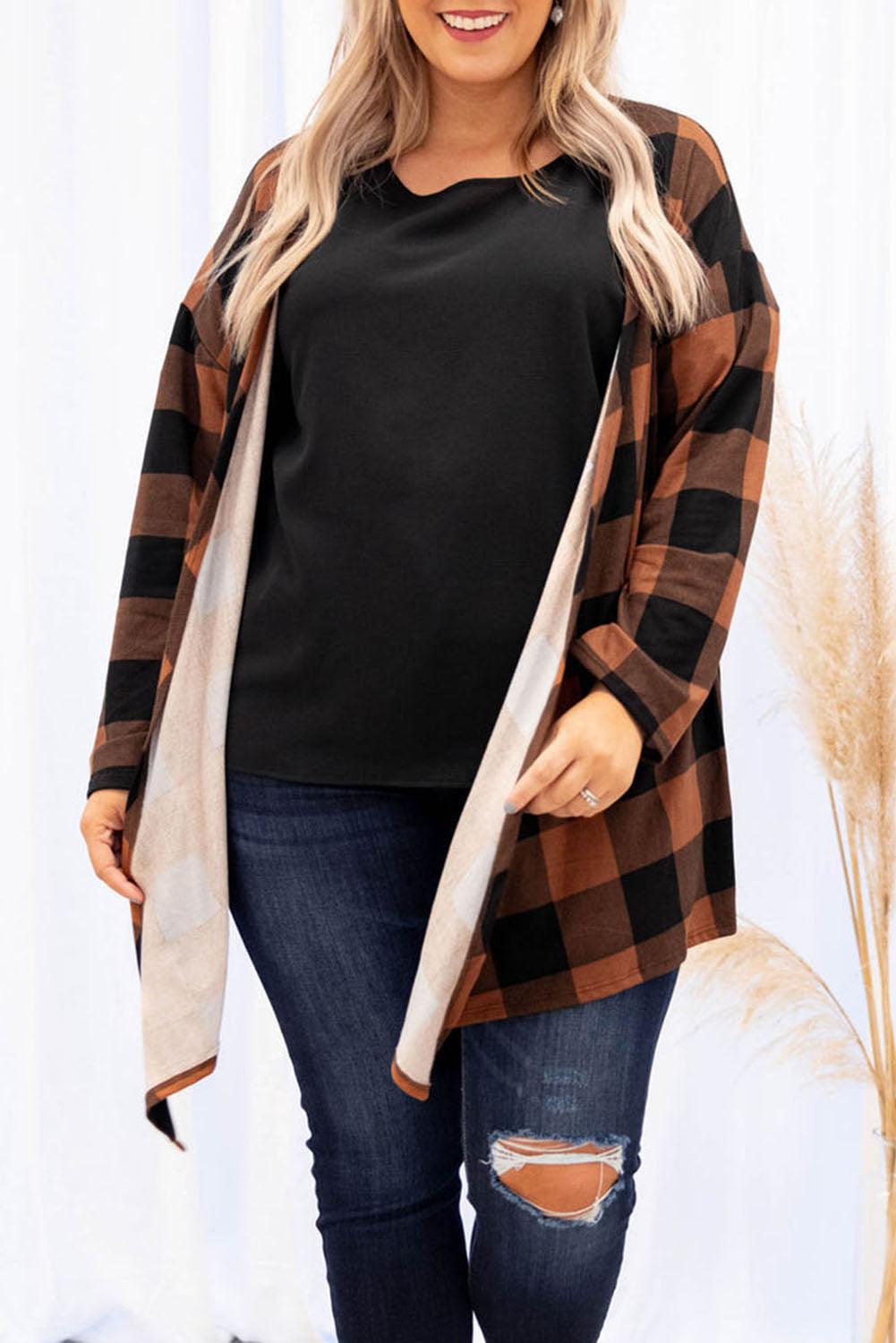 Plus Size Plaid Pattern Open Front Cardigan - L & M Kee, LLC