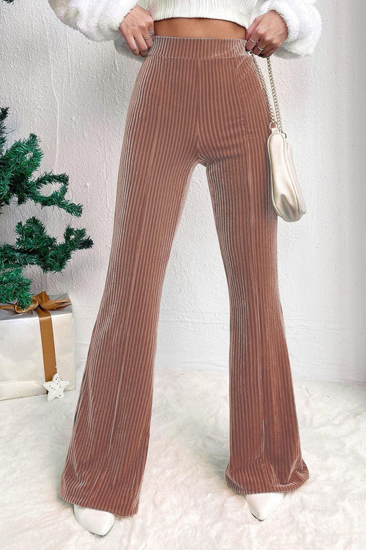 Dusty Pink Solid Color High Waist Flare Corduroy Pants - L & M Kee, LLC