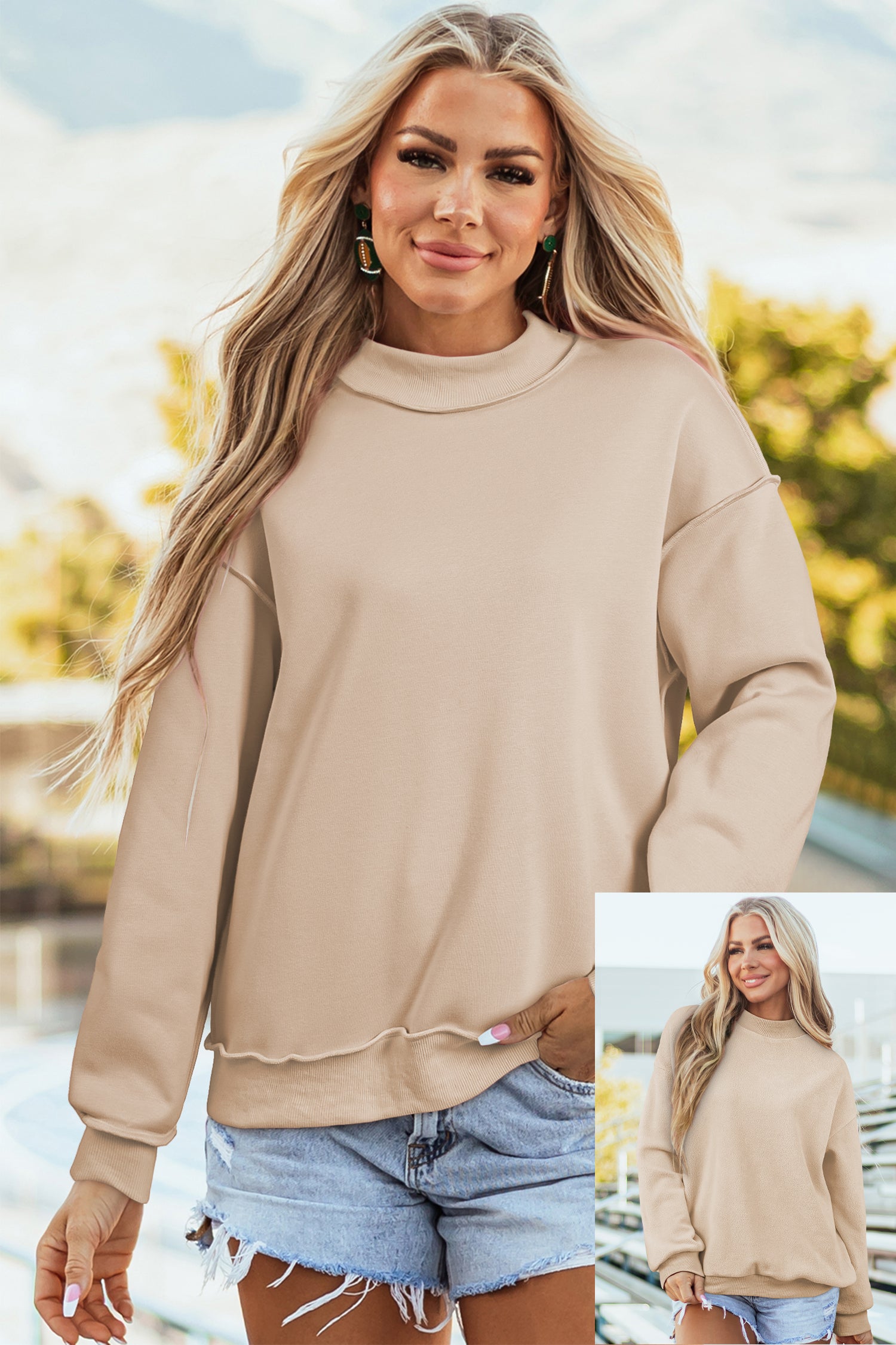 White Oversize Drop Shoulder Reversible Mock Neck Sweatshirt